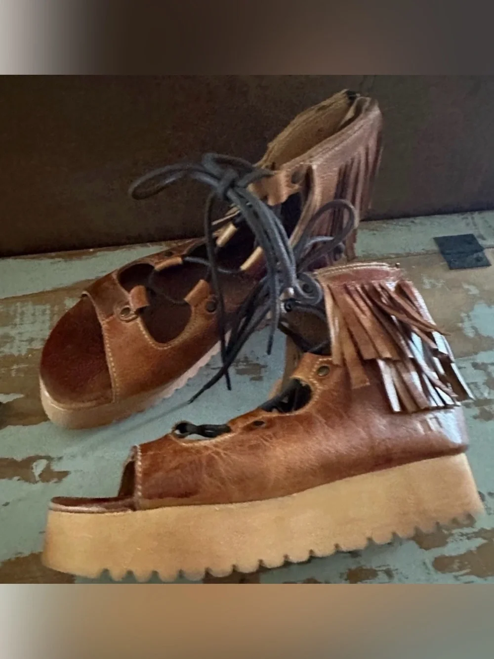 Rare BED STU Sandals MADISON Boho Platform Cognac Fringe Size 7.5